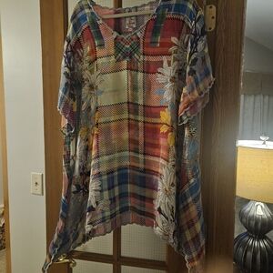 Johnny Was Multicolor Plaid Floral Top